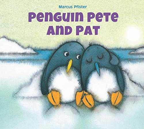Two cartoon penguins, Pete and Pat, embrace on an icy landscape.