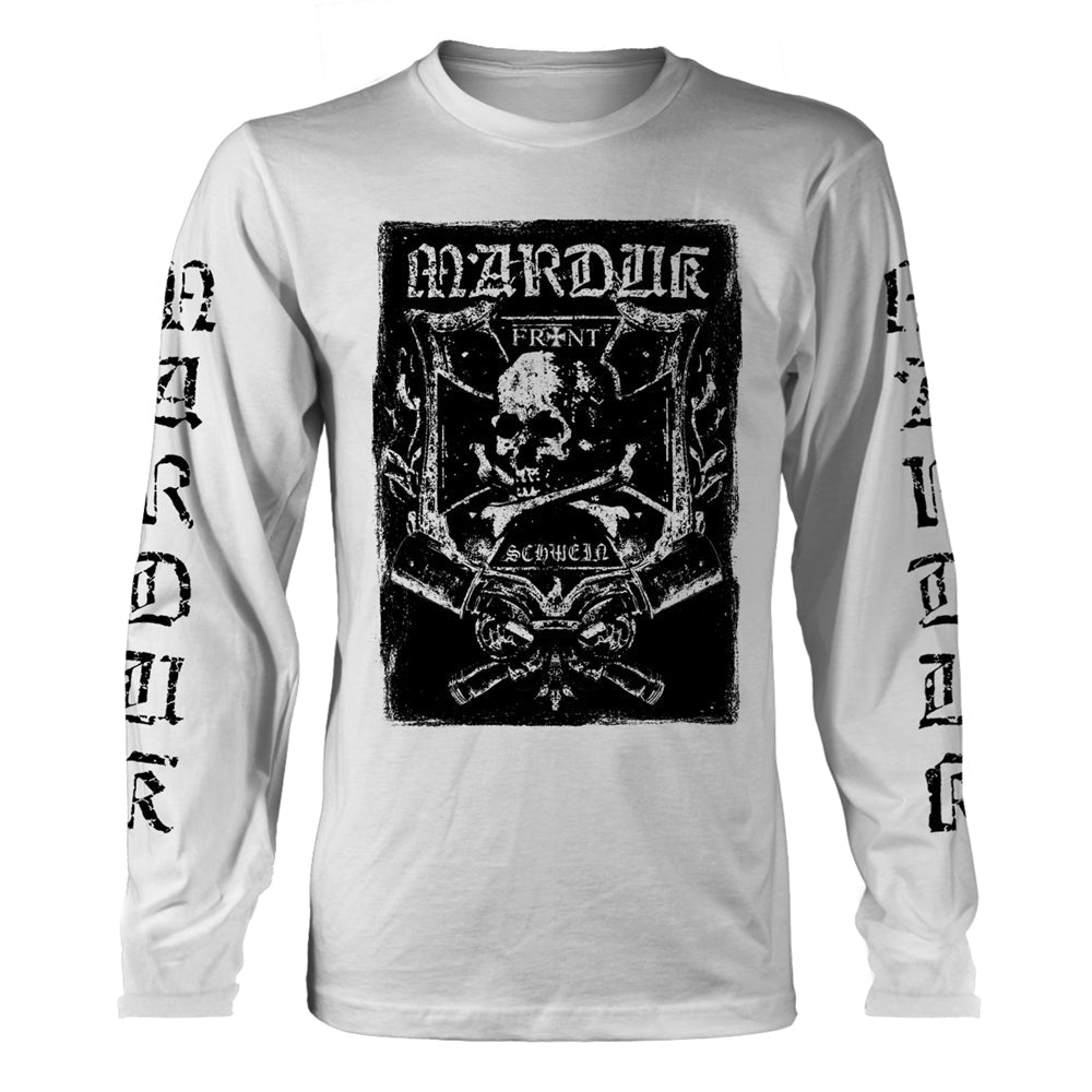White long-sleeve t-shirt with black skull and crossbones graphic.