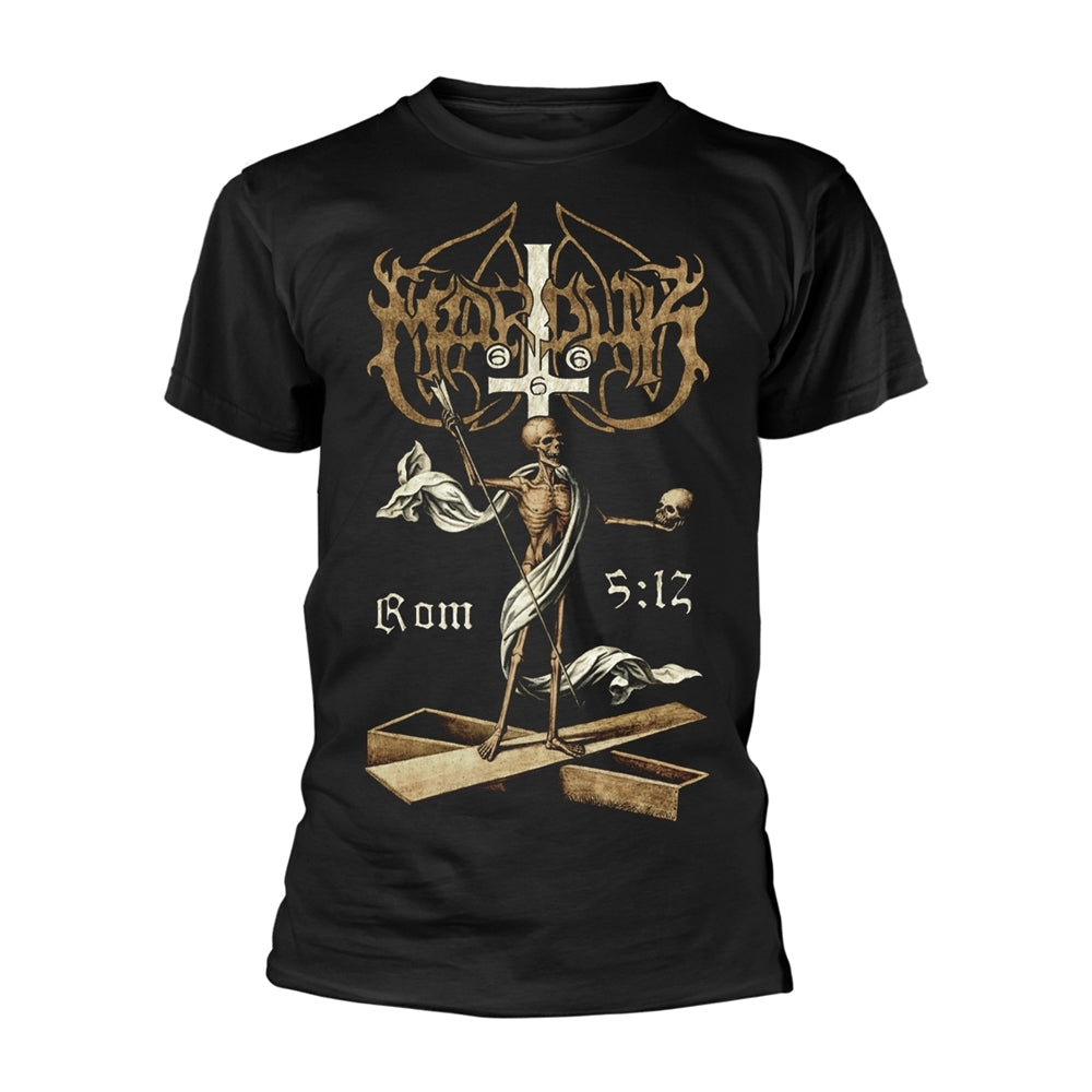 Black t-shirt with ornate skeletal and religious imagery, gold text.