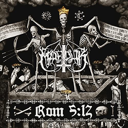 Dark album cover depicting skeletons, a crowned skull, and ornate lettering.