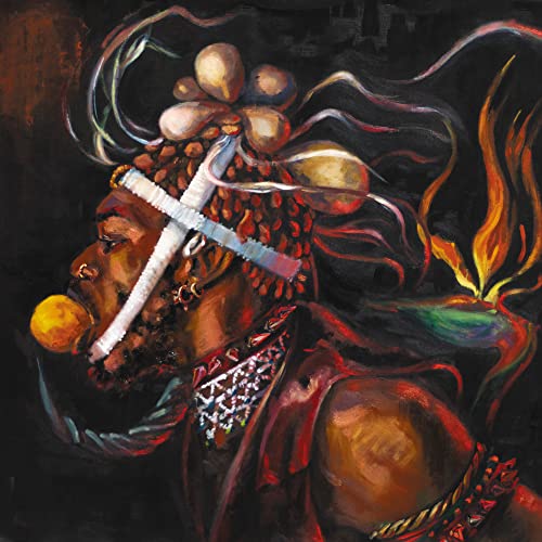 Painting of a profile view of a person with ornate headgear and jewelry.