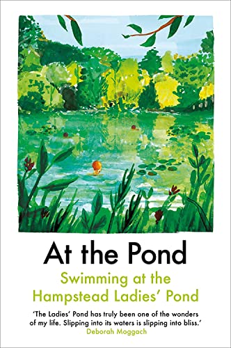 Watercolor illustration of swimmers in a green pond surrounded by lush trees and plants.