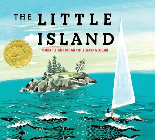 Book cover: small island with trees, sailboat, and Caldecott Medal.