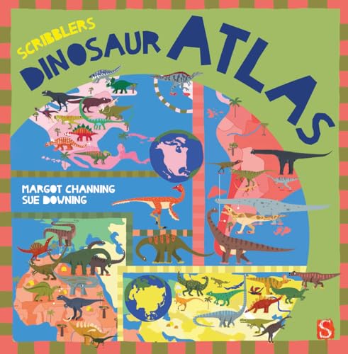 Colorful dinosaur atlas cover with illustrated dinosaurs and world maps.