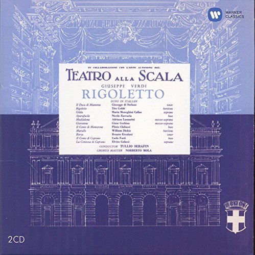 CD cover for Maria Callas’ 1955 “Rigoletto” opera recording, blue background.