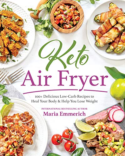 Cookbook cover featuring keto air fryer recipes and prepared food images.