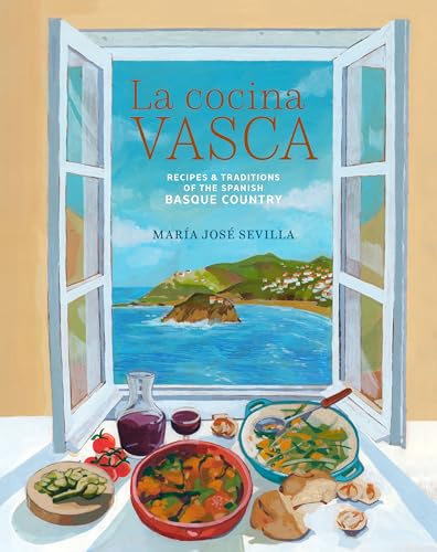 Cookbook cover depicting a coastal scene and Basque food through a window.