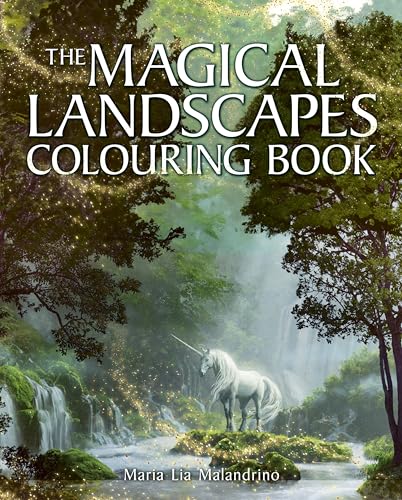 Colouring book cover featuring a unicorn in a lush, misty forest landscape.