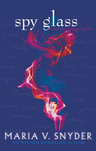 Book cover with title Spy Glass and swirling pink and orange smoke on blue.