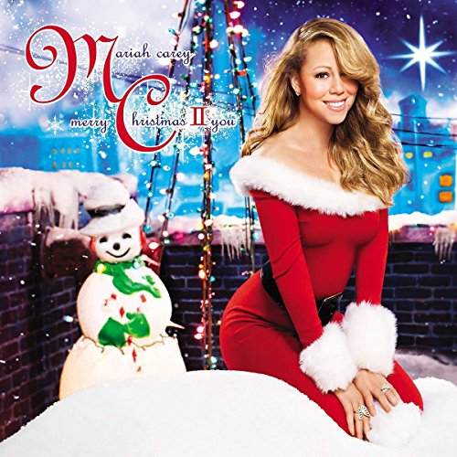 Mariah Carey in a red Santa suit with a snowman and city lights.