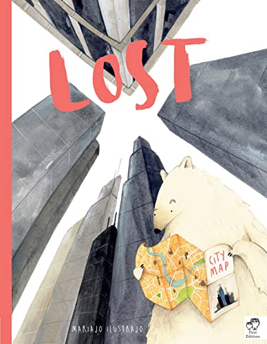 Polar bear holding a city map amidst tall, watercolor buildings.