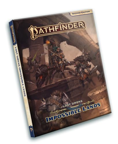 Pathfinder Lost Omens Impossible Lands hardcover book with fantasy art.