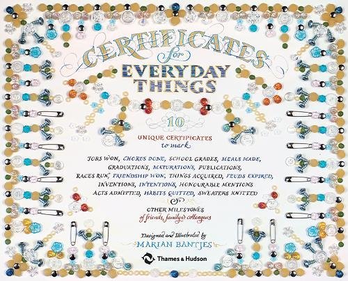 Book cover with decorative pins and beads framing text listing life events.