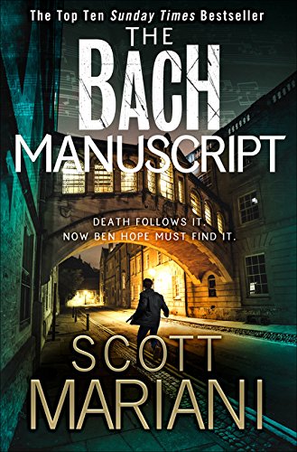 Book cover: "The Bach Manuscript" with a shadowy street scene.