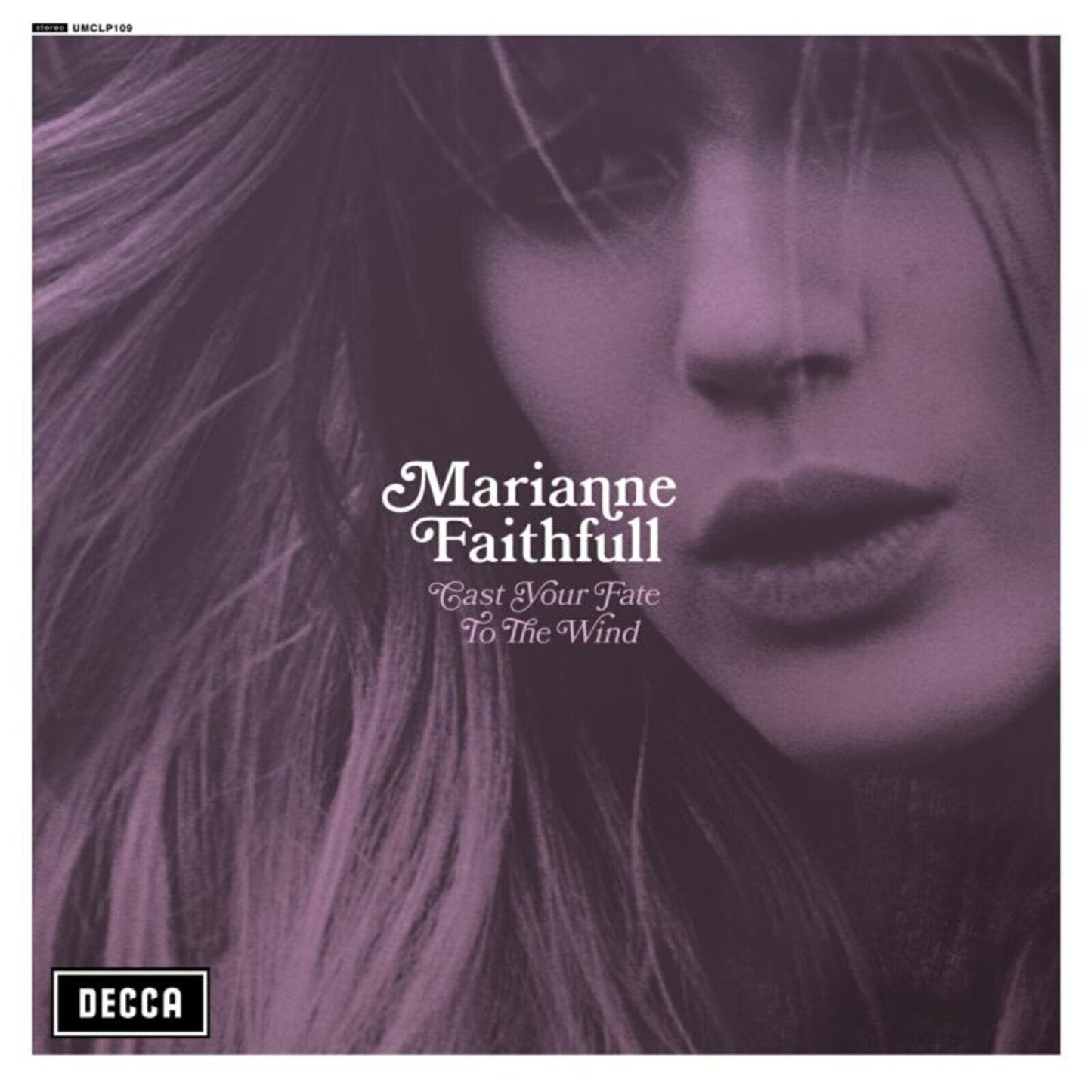 Marianne Faithfull album cover, close-up portrait with long hair, purple background.
