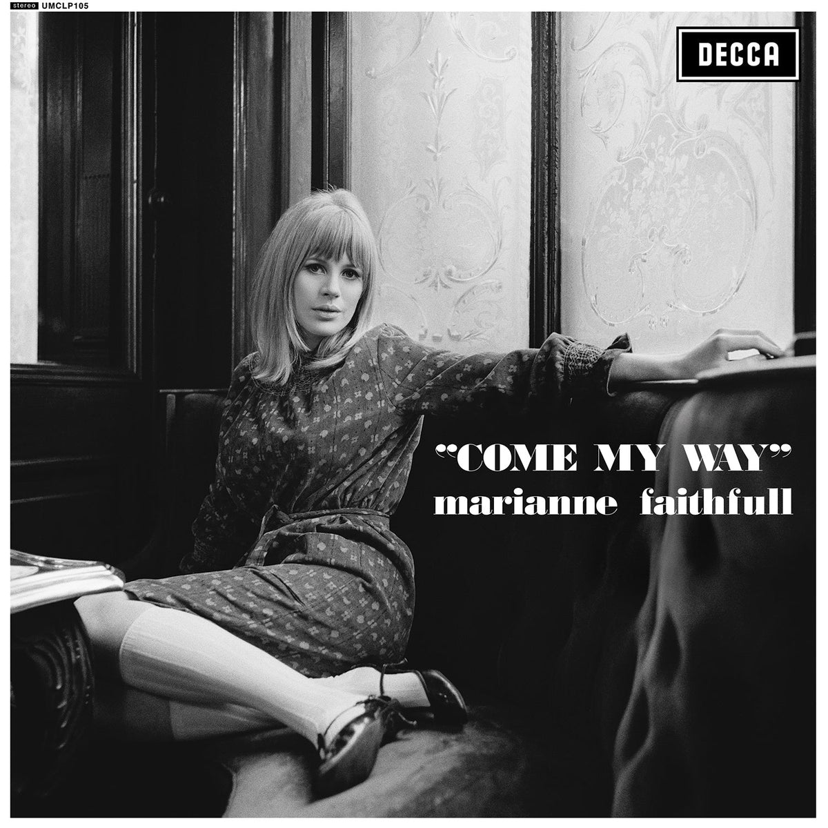 Black and white album cover featuring Marianne Faithfull lounging on a sofa.