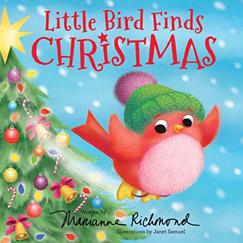 Book cover: a red bird wearing a green hat near a decorated Christmas tree.