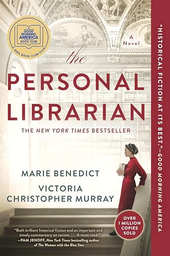 Book cover for The Personal Librarian featuring a woman in red on library stairs.