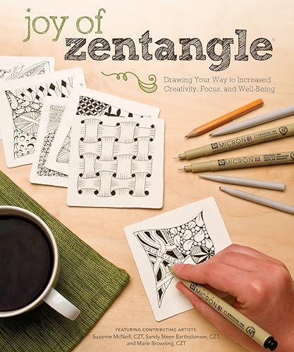 Book cover featuring Zentangle art, pens, a hand drawing, and coffee.
