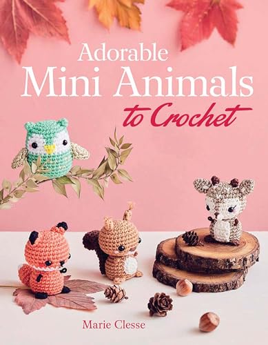 Book cover featuring crocheted owl, fox, squirrel, and deer figurines on a pink background.