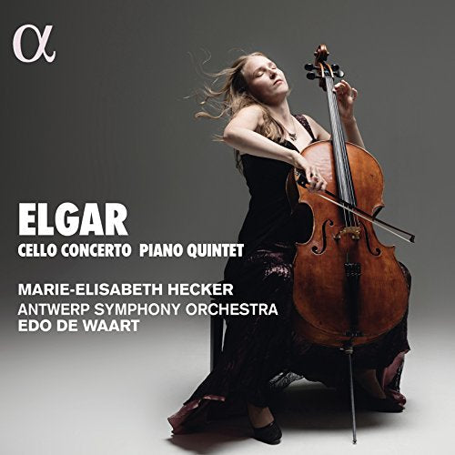 Cellist Marie-Elisabeth Hecker with a cello, album cover for Elgar’s works.