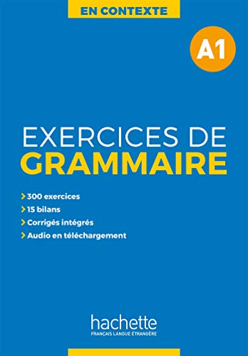 Blue French grammar exercise book, "Exercices de Grammaire A1," with yellow text.