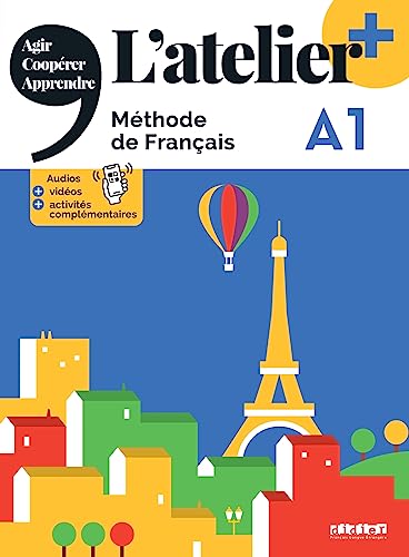 French textbook cover, “L’atelier + A1”, featuring the Eiffel Tower and colorful buildings.