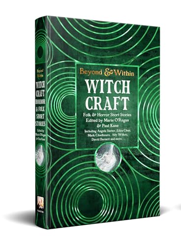 Green book cover with concentric circles and the title "Witchcraft" in gold.