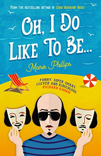 Book cover featuring a man holding two theater masks on a beach.
