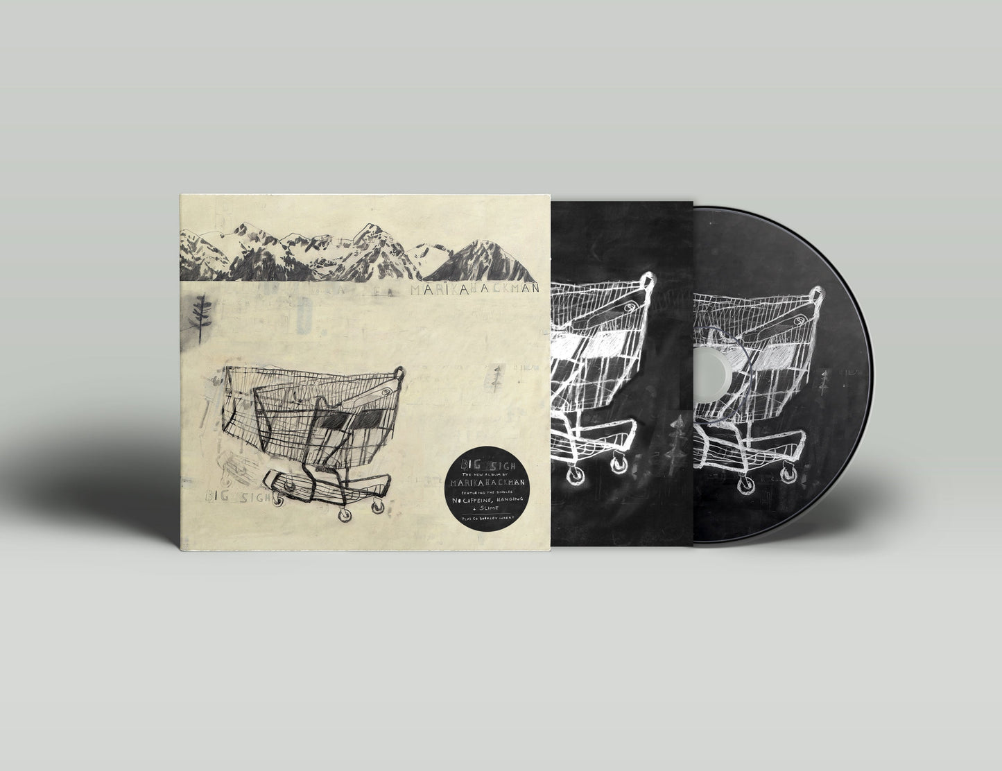 Marika Hackman's "Big Sigh" CD case with sketched shopping carts and mountains.