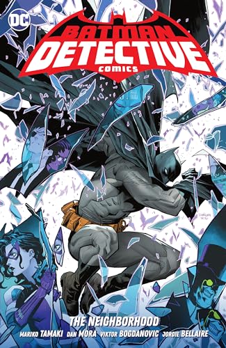 Batman crouches on a rooftop amid shattered glass, comic book cover.
