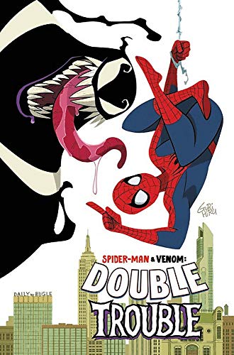 Spider-Man and Venom face off in a cartoon-style book cover.