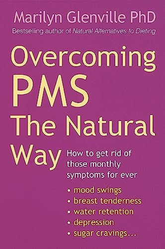 Book cover: "Overcoming PMS The Natural Way" with purple background.
