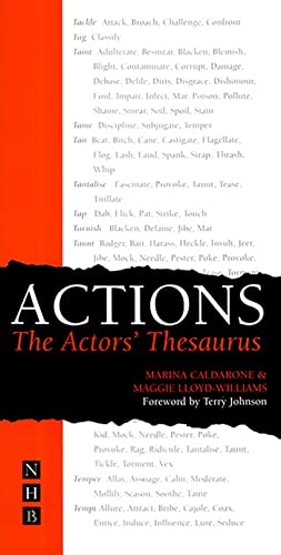 Book cover titled Actions: The Actor's Thesaurus with lists of words on white background.