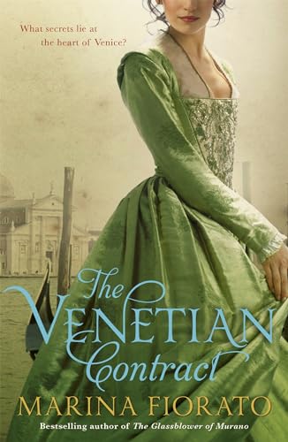 Book cover: woman in green gown, Venice background, title “The Venetian Contract”.