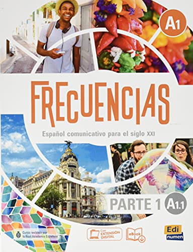 Spanish textbook cover, "Frecuencias A1 Parte 1," with people and city scenes.