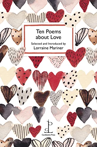 Book cover titled Ten Poems about Love featuring a pattern of varied watercolor hearts.