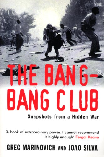 Book cover depicting conflict scene with photographers, red title "The Bang-Bang Club".