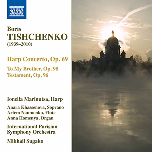 CD cover for Boris Tishchenko’s Harp Concerto with a golden dome in mist.