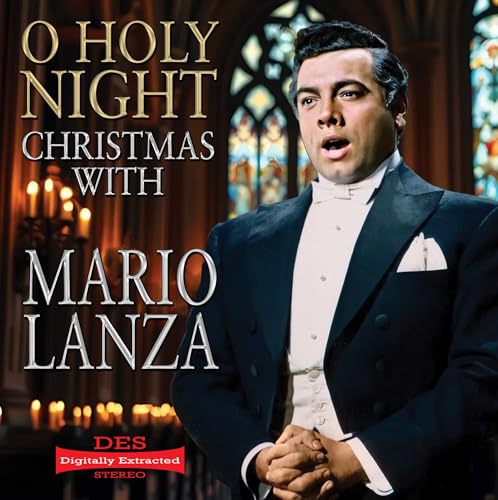 Mario Lanza singing in a tuxedo before a stained glass window and candles.