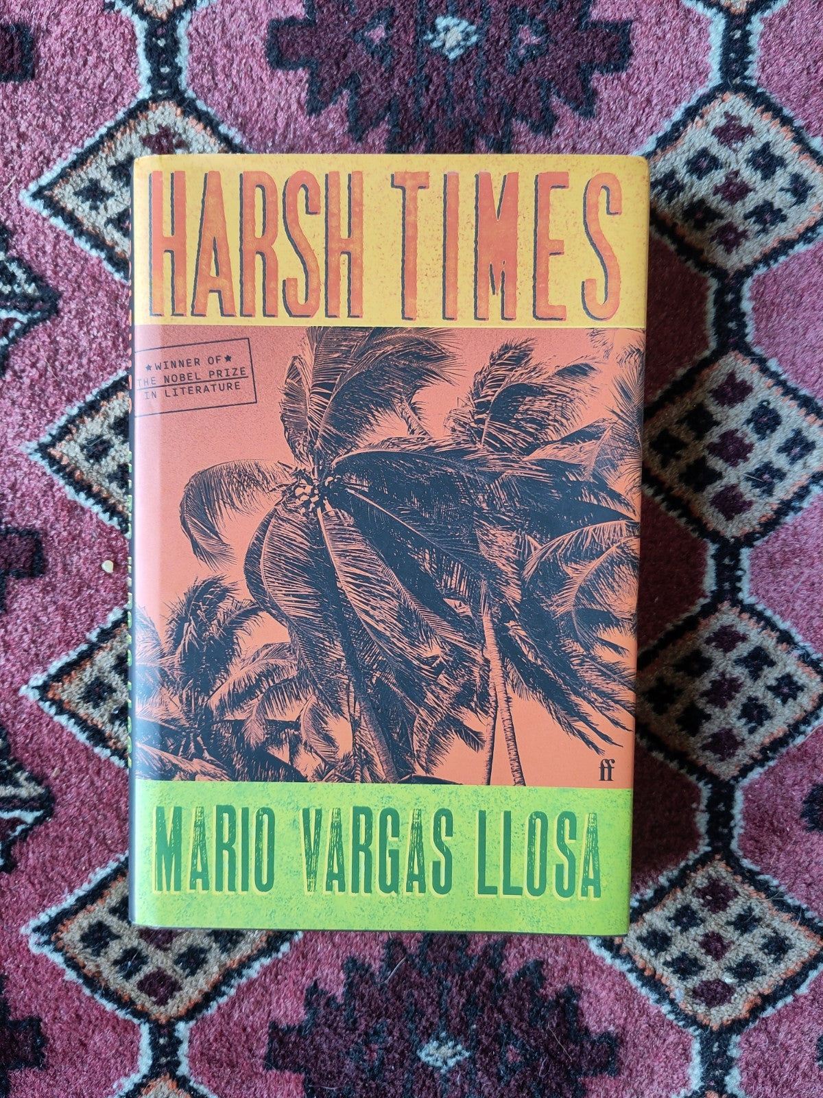 Book cover with palm trees and text: "Harsh Times" by Mario Vargas Llosa.