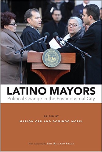 Book cover featuring Latino leaders at a podium, titled "Latino Mayors.