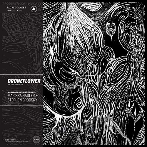 CD cover for "Droneflower" by Marissa Nadler & Stephen Brods, abstract black and white art.