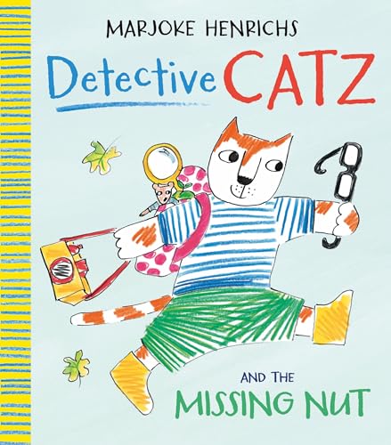 Orange cat detective with magnifying glass, investigating a missing nut.