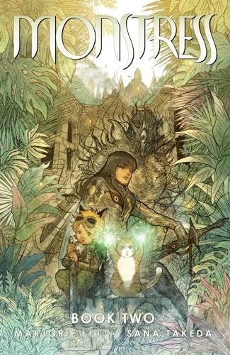 “Monstress” volume two cover: woman, child, and cat amidst lush, fantastical foliage.