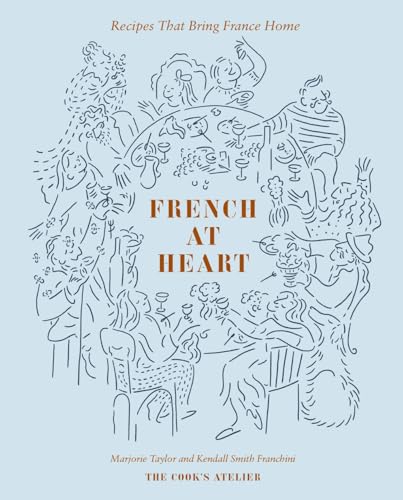 Book cover with line art of people dining around a table on blue background.