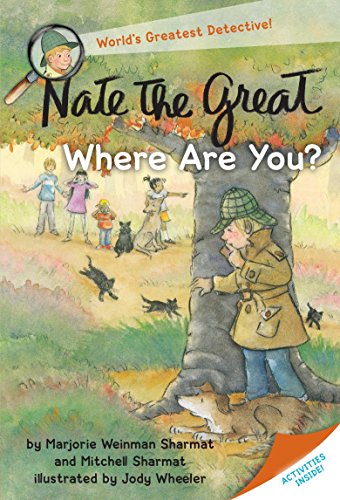 Book cover: Nate the Great detective with children and dogs.