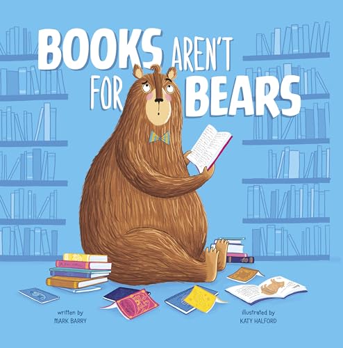 Bear reading a book, surrounded by stacks of books in a library.