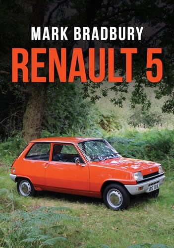 Orange Renault 5 car parked in a green, leafy landscape.