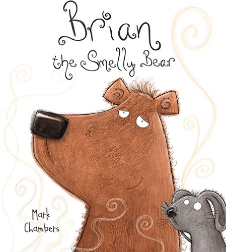 Brown bear face with small grey mouse, book cover illustration.